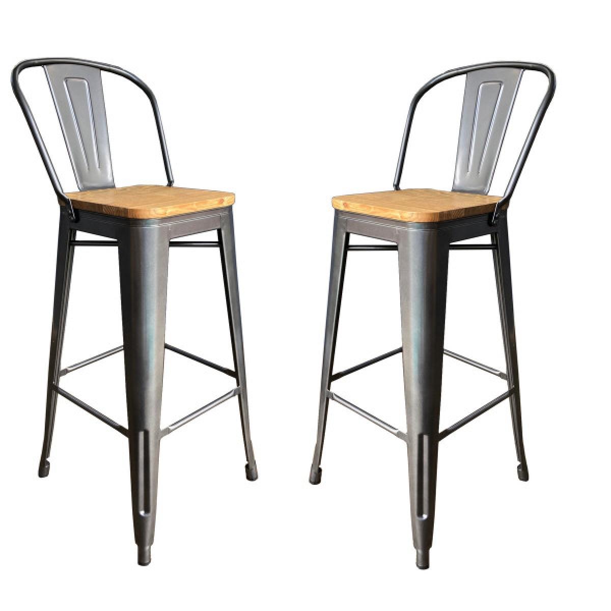 Mathi Design - NEVADA - 2 Chaises de bar en acier gris et bois clair - Tabourets