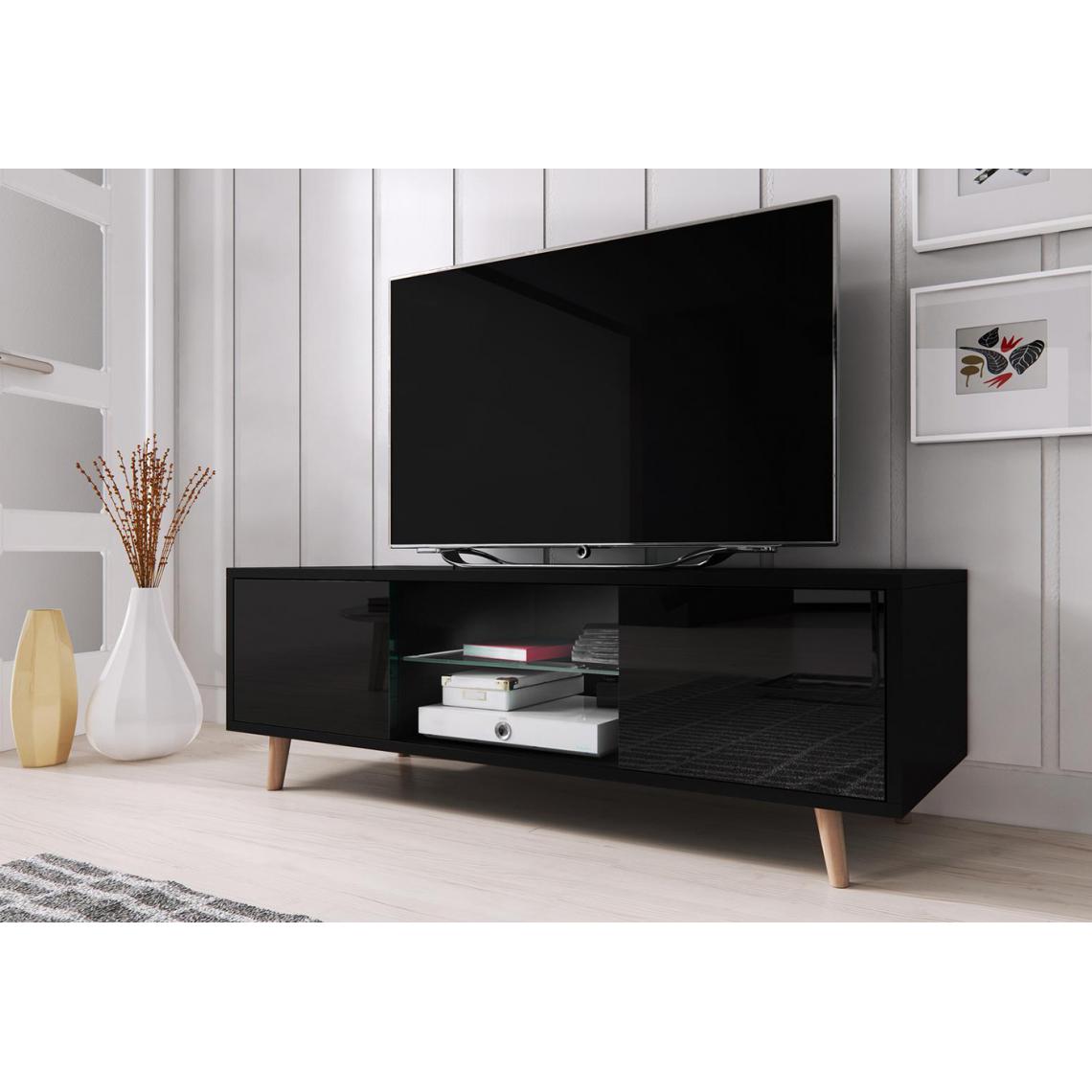 Pegane - Meuble TV coloris noir mat / noir brillant - Longueur 140 x Profondeur 42 x Hauteur 45 cm - Meubles TV, Hi-Fi