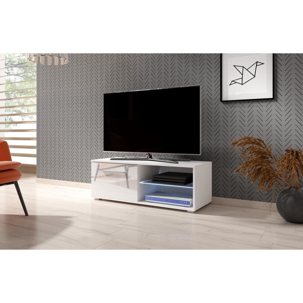 Vivaldi - VIVALDI Meuble TV - MOON 2 - 100 cm - blanc mat / blanc brillant +LED - style moderne - Meubles TV, Hi-Fi