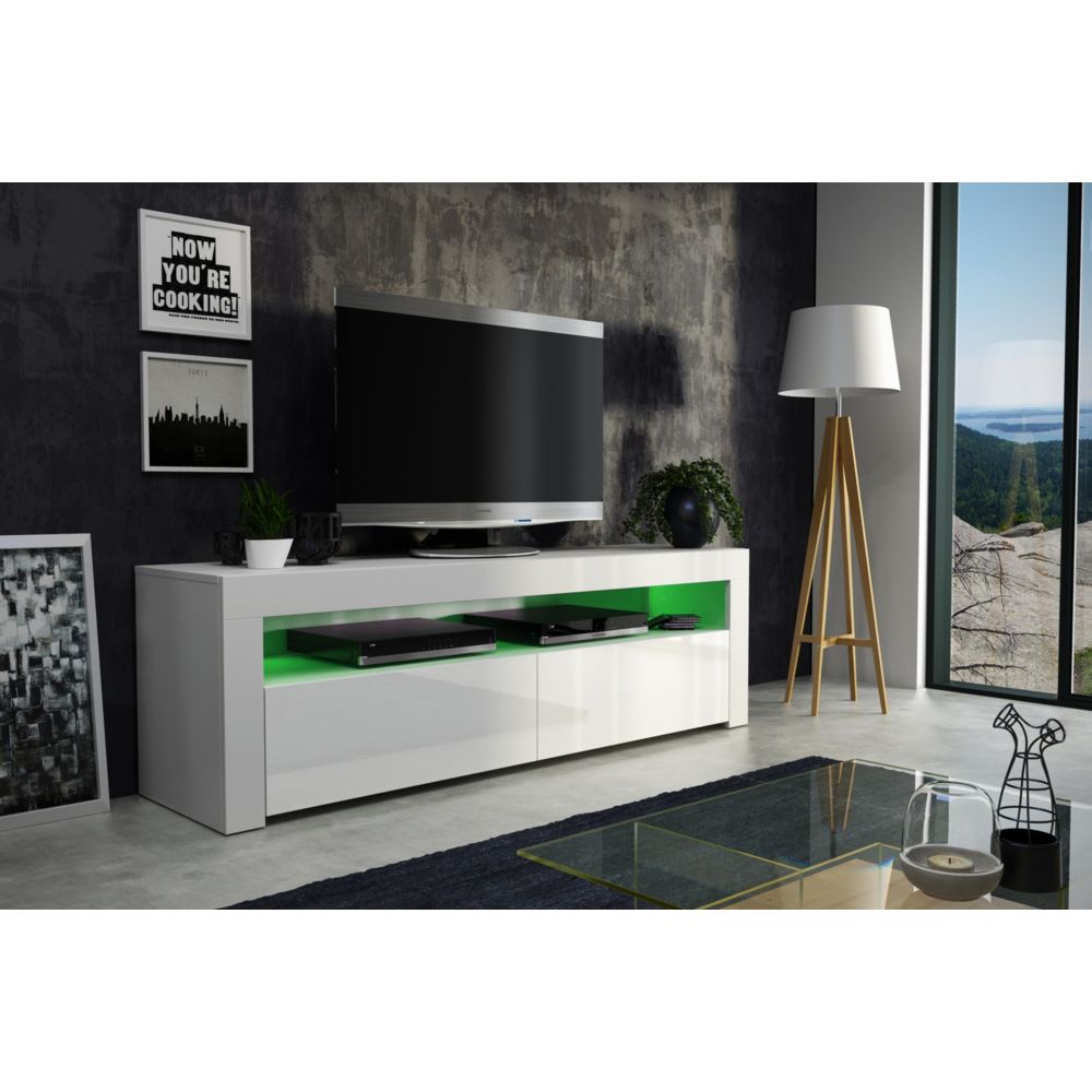 Dusine - Meuble TV Savelli LED Blanc MAT et portes Blanc laqué 157 cm - Meubles TV, Hi-Fi
