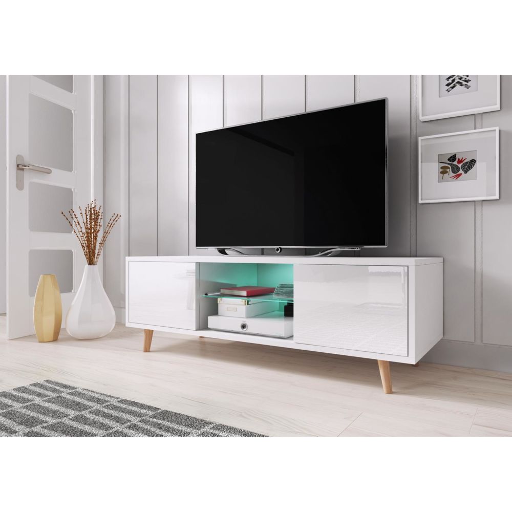 Vivaldi - VIVALDI Meuble TV - SWEDEN - 140 cm - blanc mat / blanc brillant +LED - style scandinave - Meubles TV, Hi-Fi