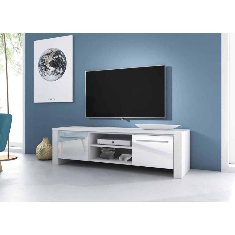 Vivaldi - VIVALDI Meuble TV - MANHATTAN - 140 cm - blanc mat / blanc brillant - style moderne - Meubles TV, Hi-Fi