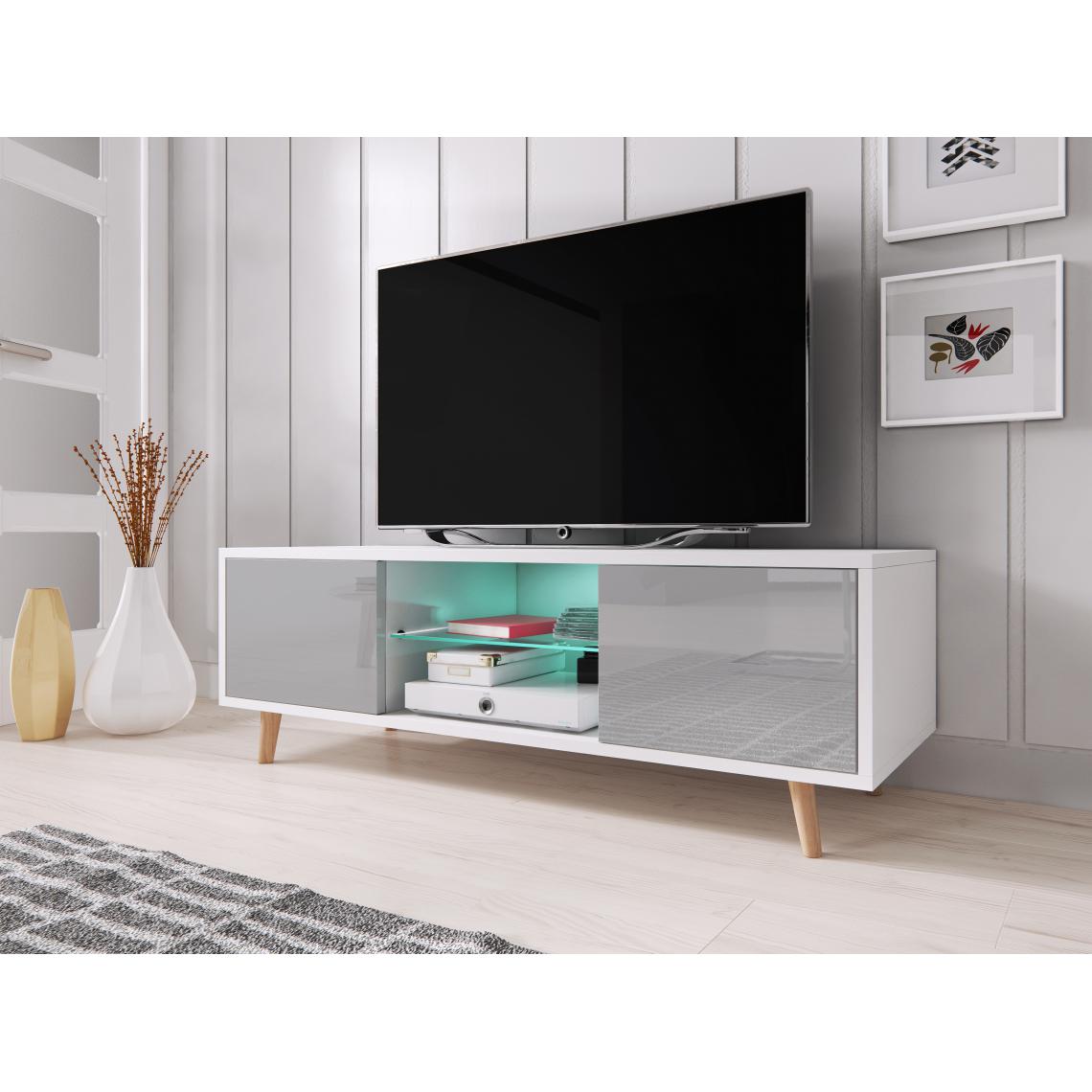3xeliving - Meuble TV scandinave et minimaliste Cindi Avec éclairage LED. Couleur blanche/grise. - Meubles TV, Hi-Fi