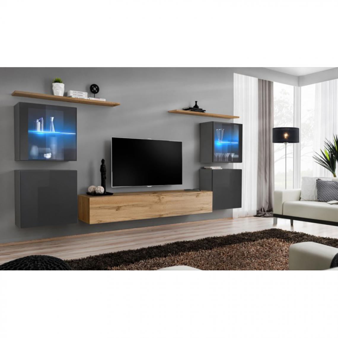 Ac-Deco - Meuble TV Mural Design Switch XIV 320cm Gris & Naturel - Meubles TV, Hi-Fi