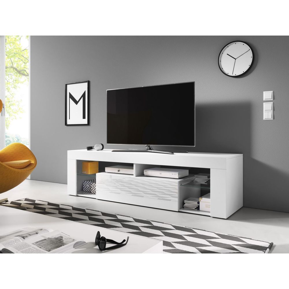 Vivaldi - VIVALDI Meuble TV - EVEREST 2 - 140 cm - blanc mat / blanc brillant - style design - Meubles TV, Hi-Fi