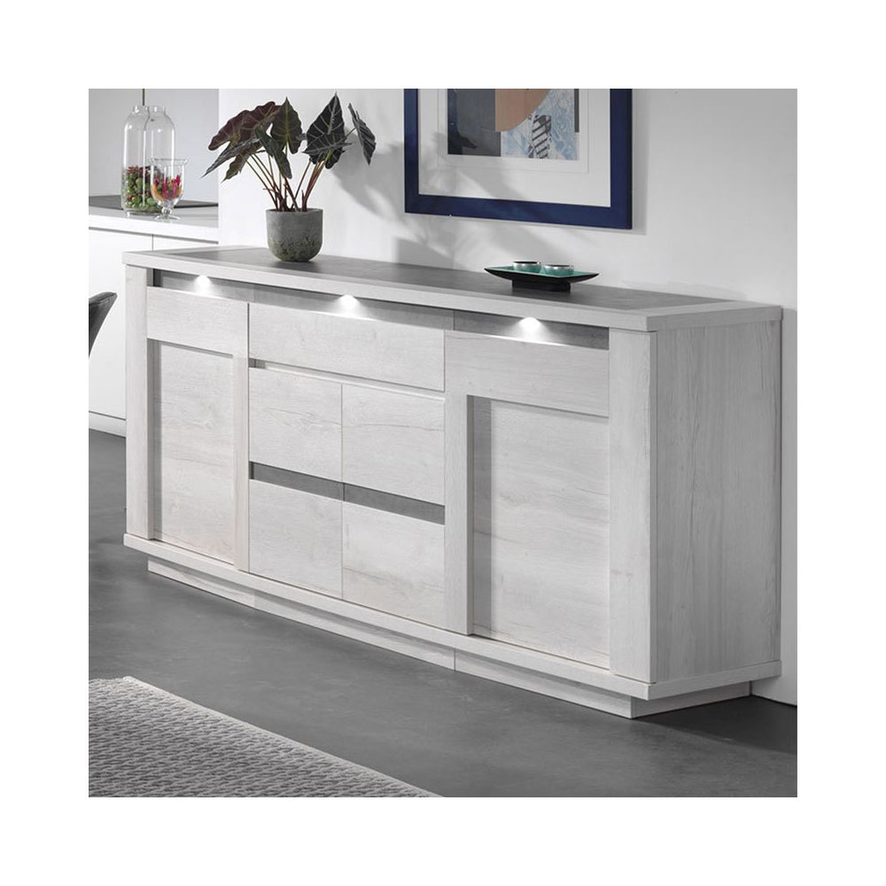 Nouvomeuble - Buffet moderne couleur chêne blanc et gris CHILDERIC Avec éclairage long 225 cm - Buffets, chiffonniers