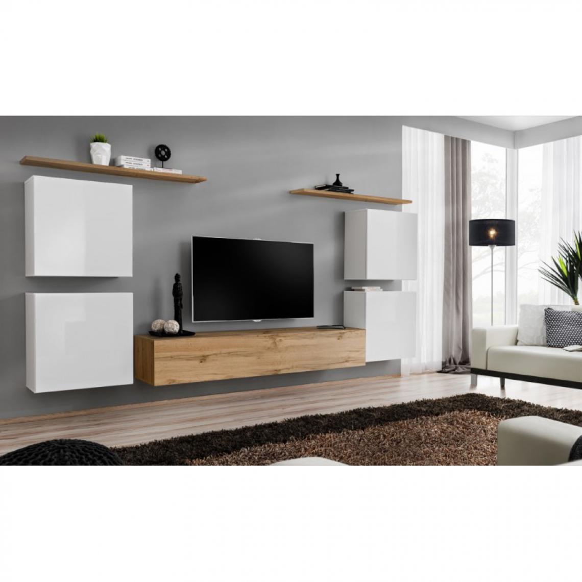 Ac-Deco - Meuble TV Mural Design Switch IV 320cm Blanc & Naturel - Meubles TV, Hi-Fi