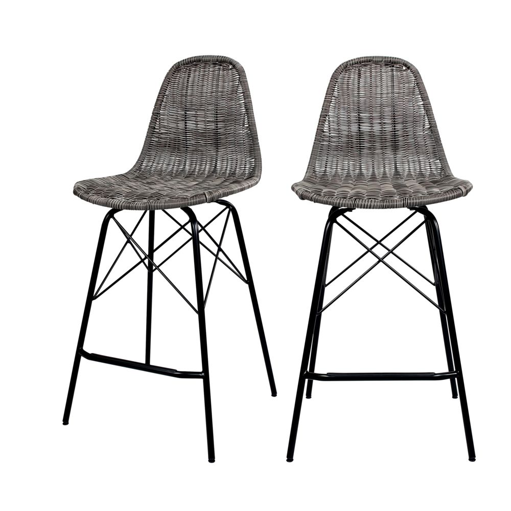 Rendez Vous Deco - Chaise de bar mi-hauteur Tiptur en résine tressée grise 63 cm (lot de 2) - Tabourets