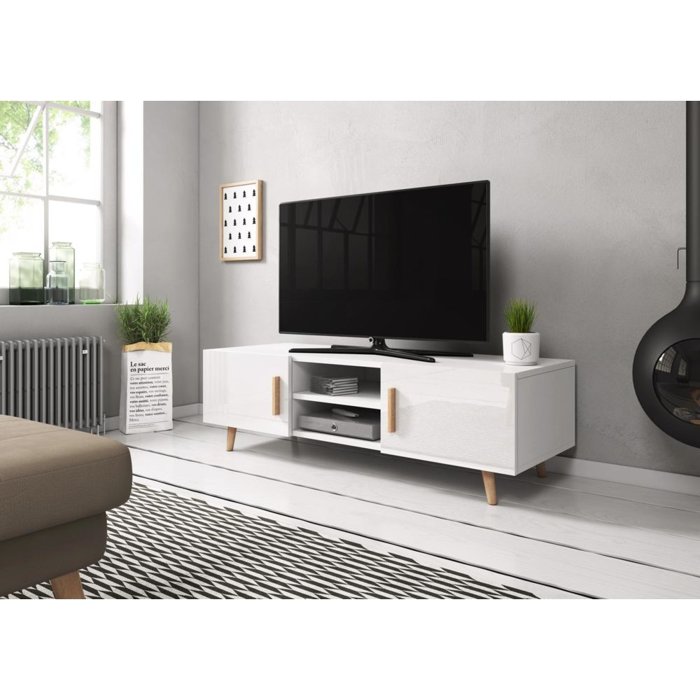Vivaldi - VIVALDI Meuble TV - SWEDEN 2 - 140 cm - blanc mat / blanc brillant - style scandinave - Meubles TV, Hi-Fi