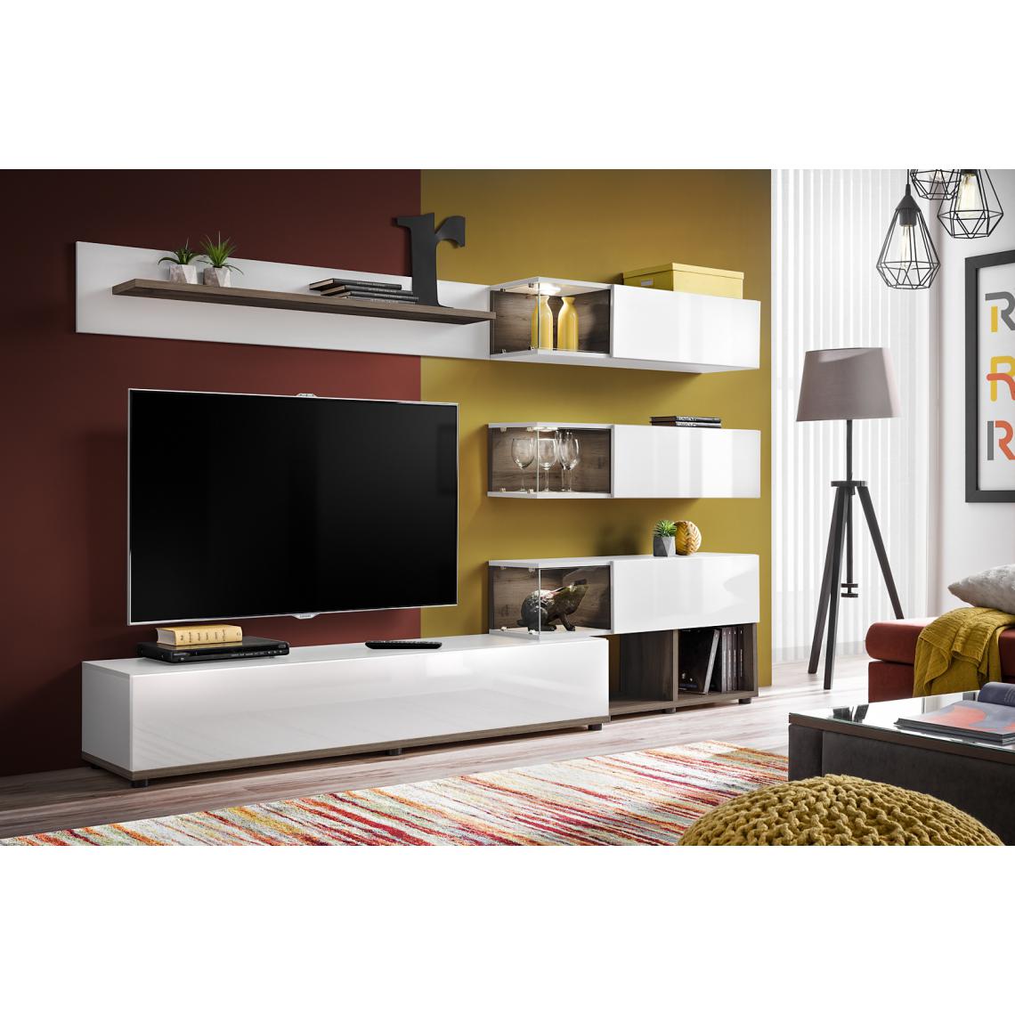 Dusine - Composition meubles TV FOX BLANC laqué et bois avec LED 240 cm - Meubles TV, Hi-Fi