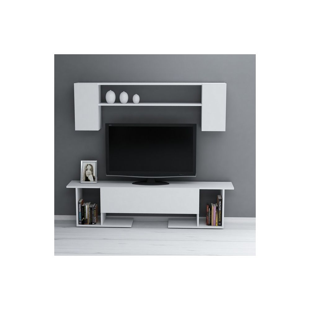 Homemania - HOMEMANIA Kaan Meuble TV avec table basse, portes, étagères - pour le salon -Blanc en Bois, 180 x 31,5 x 45 cm - Meubles TV, Hi-Fi