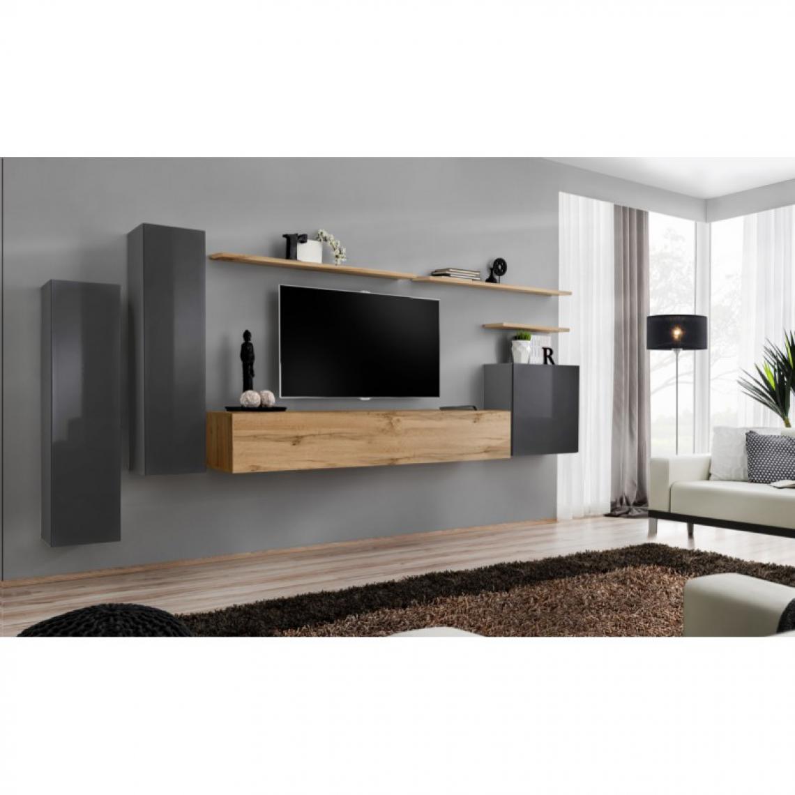 Ac-Deco - Meuble TV Mural Design Switch I 330cm Gris & Naturel - Meubles TV, Hi-Fi