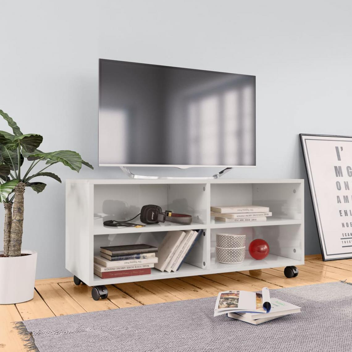 Chunhelife - Meuble TV avec roulettes Blanc brillant 90x35x35 cm Aggloméré - Meubles TV, Hi-Fi