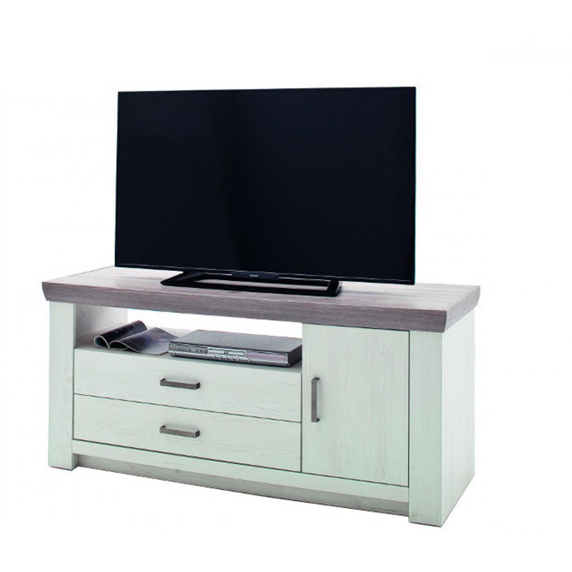Pegane - Meuble TV en pin blanc et chêne Neslon - L.144 x H.67 x P.55 cm - Meubles TV, Hi-Fi