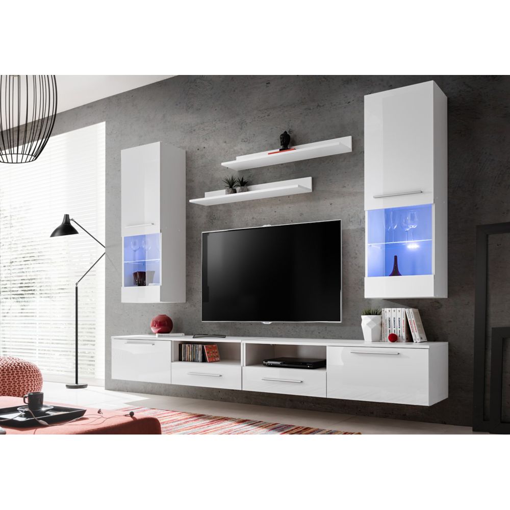 Dusine - Salon laqué et entièrement suspendu moderne EVORA Blanc - Meubles TV, Hi-Fi
