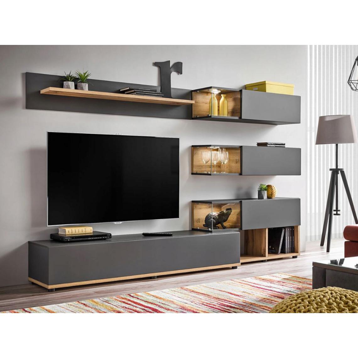 Dusine - Composition meubles TV FOX GRIS mat et bois avec LED 240 cm - Meubles TV, Hi-Fi