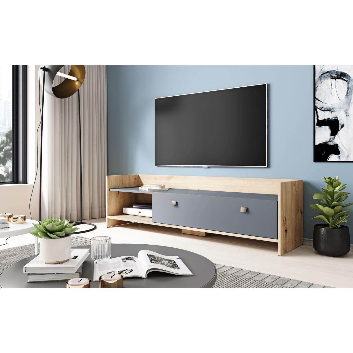 3xeliving - Meuble TV moderne Pembak, 140 cm, fabriqué à la main en chêne / graphite - Meubles TV, Hi-Fi