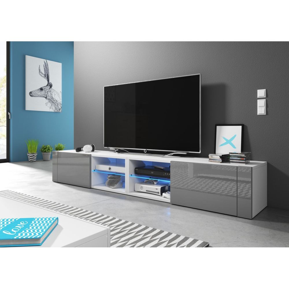 Vivaldi - VIVALDI Meuble TV - HIT 2 DOUBLE - 200 cm - blanc mat / gris brillant +LED - style design - Meubles TV, Hi-Fi