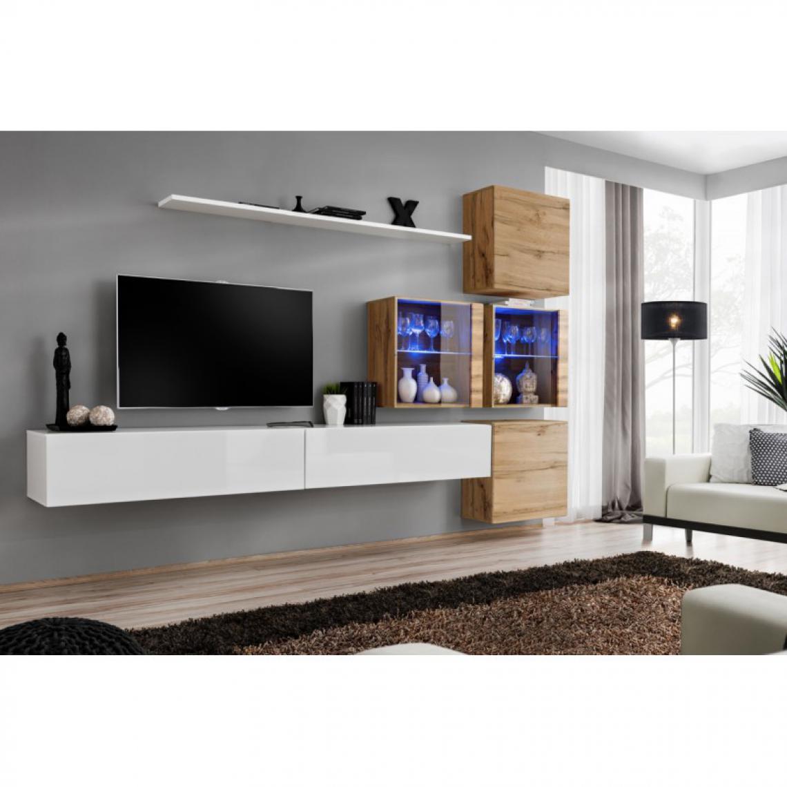 Ac-Deco - Meuble TV Mural Design Switch XIX 310cm Blanc & Naturel - Meubles TV, Hi-Fi