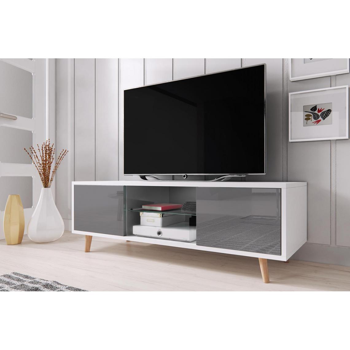 Pegane - Meuble TV coloris blanc mat / gris brillant - Longueur 140 x Profondeur 42 x Hauteur 45 cm - Meubles TV, Hi-Fi