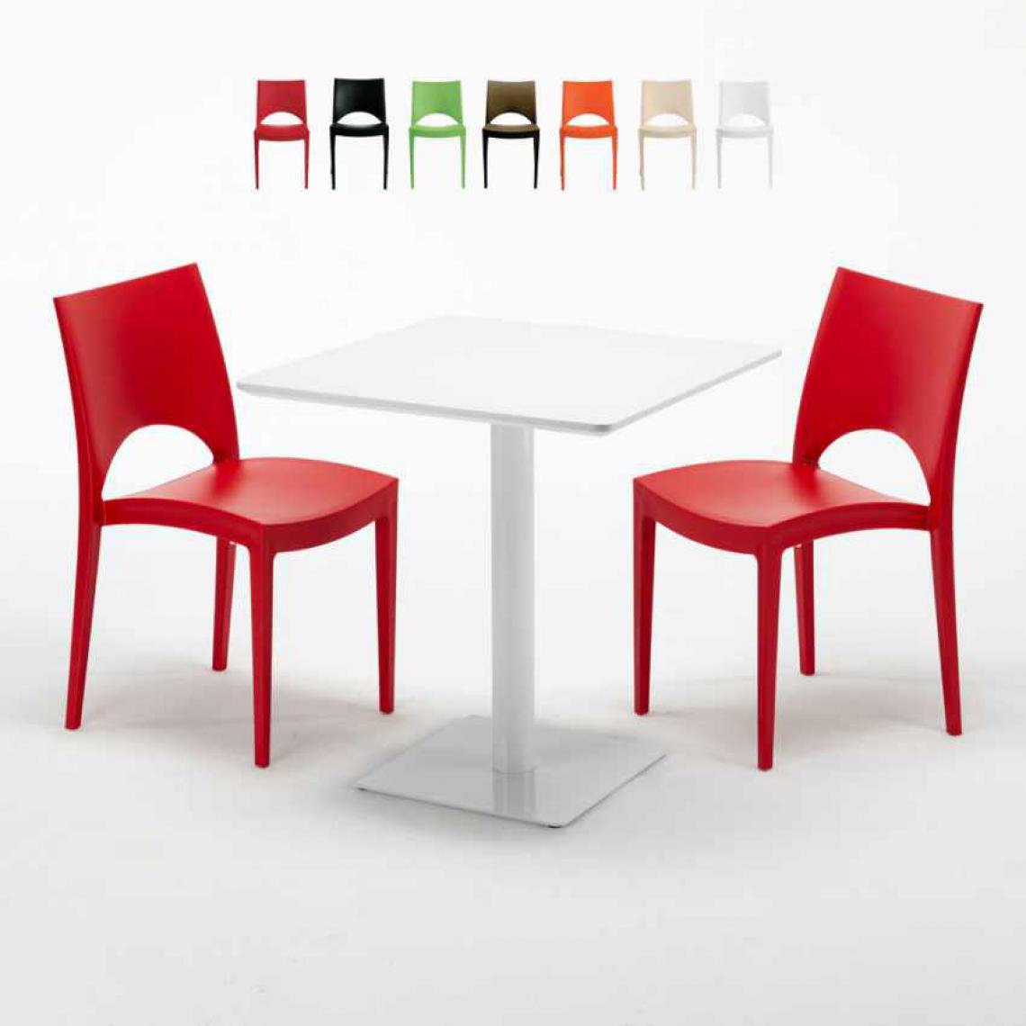 Grand Soleil - Table carrée 70x70 blanche avec 2 chaises colorées Paris Meringue, Couleur: Rouge - Tables à manger