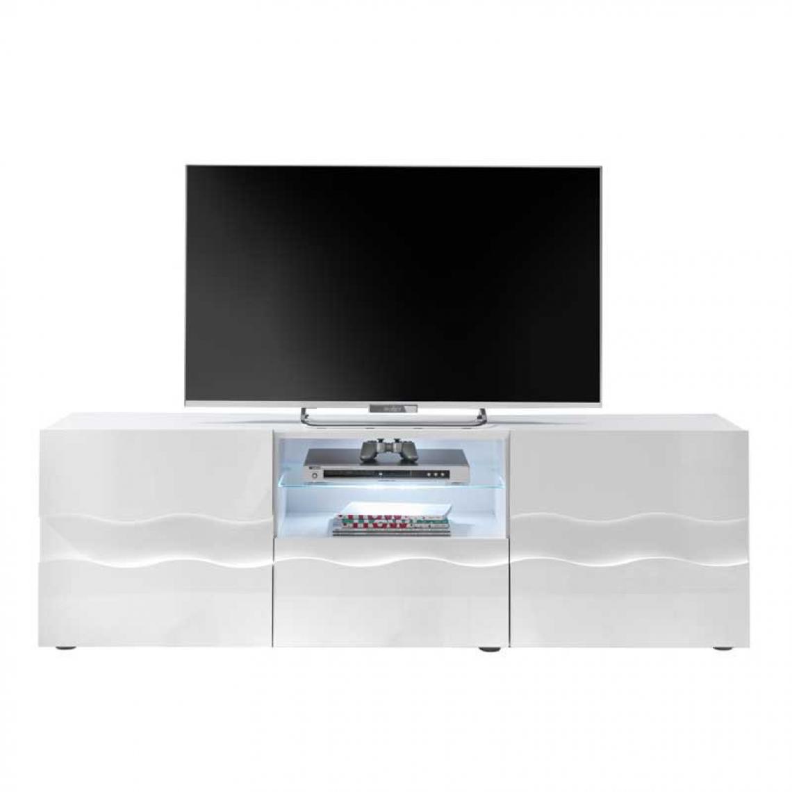 Tousmesmeubles - Meuble TV 2 portes 1 tiroir relief blanc laqué brillant - OCEAN - Meubles TV, Hi-Fi