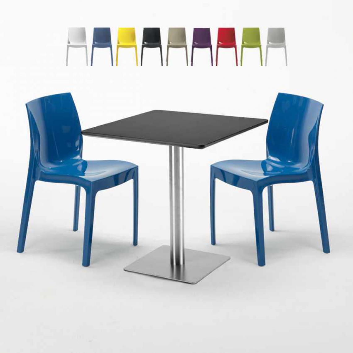 Grand Soleil - Table carrée noire 70x70 avec 2 chaises colorées Ice RUM RAISIN, Couleur: Bleu - Tables à manger
