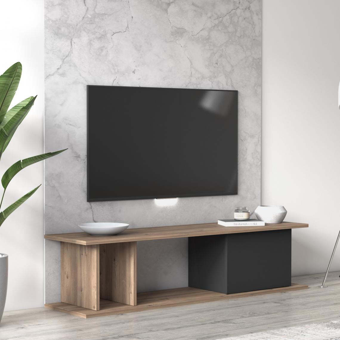 Alter - Meuble de salon essentiel meuble TV avec une porte battante et compartiments ouverts, 140 x 35 x 34 cm, coloris chêne et anthracite - Meubles TV, Hi-Fi
