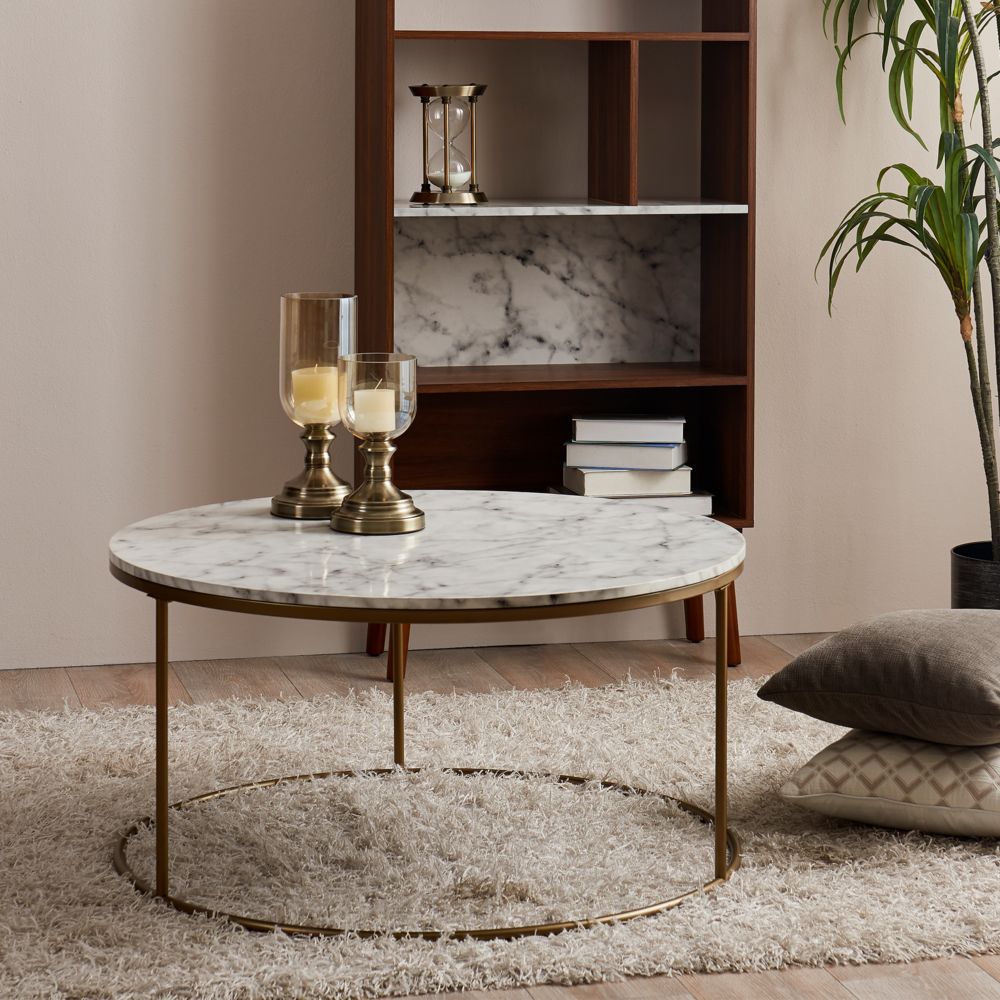 Versanora - Table basse ronde en bois effet faux marbre pieds métal doré laiton Versanora Marmo VNF-00075 - Tables basses