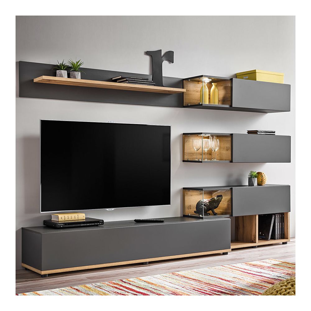 Nouvomeuble - Ensemble meuble TV gris et couleur bois RUFFANO - Meubles TV, Hi-Fi