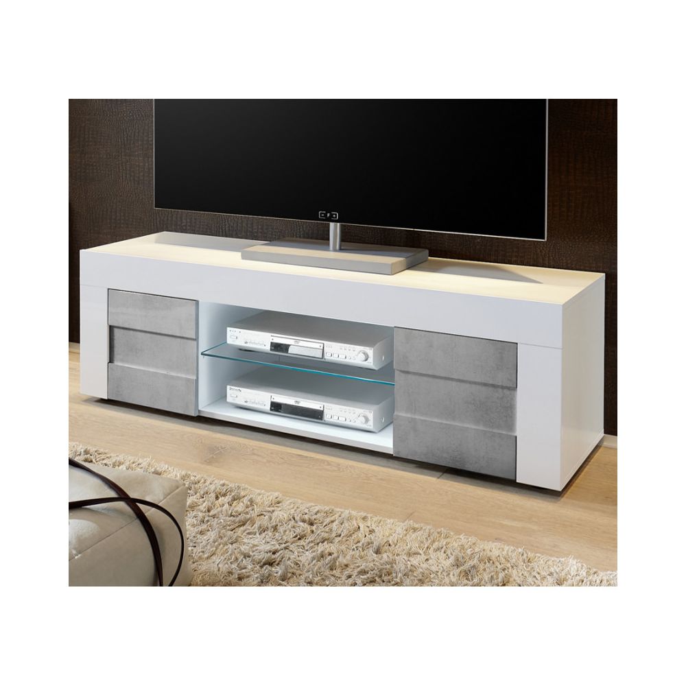 Tousmesmeubles - Meuble TV 2 portes 138 cm Blanc/Béton - TRANI - Meubles TV, Hi-Fi