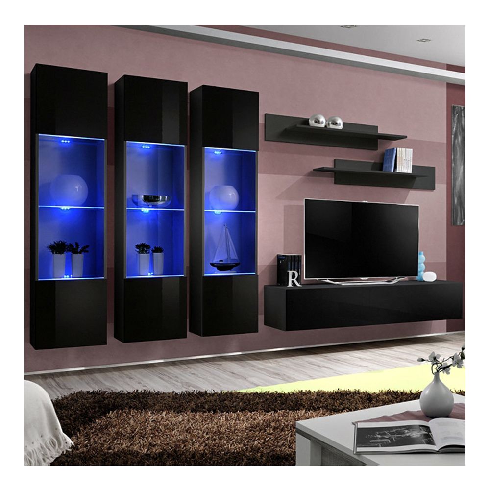 Nouvomeuble - Ensemble meuble TV noir design NOVOLI - Meubles TV, Hi-Fi