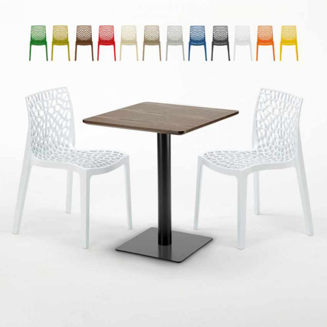 Grand Soleil - Table carrée 60x60 pied noir et surface bois avec 2 chaises colorées Gruvyer Kiss, Couleur: Blanc - Tables à manger