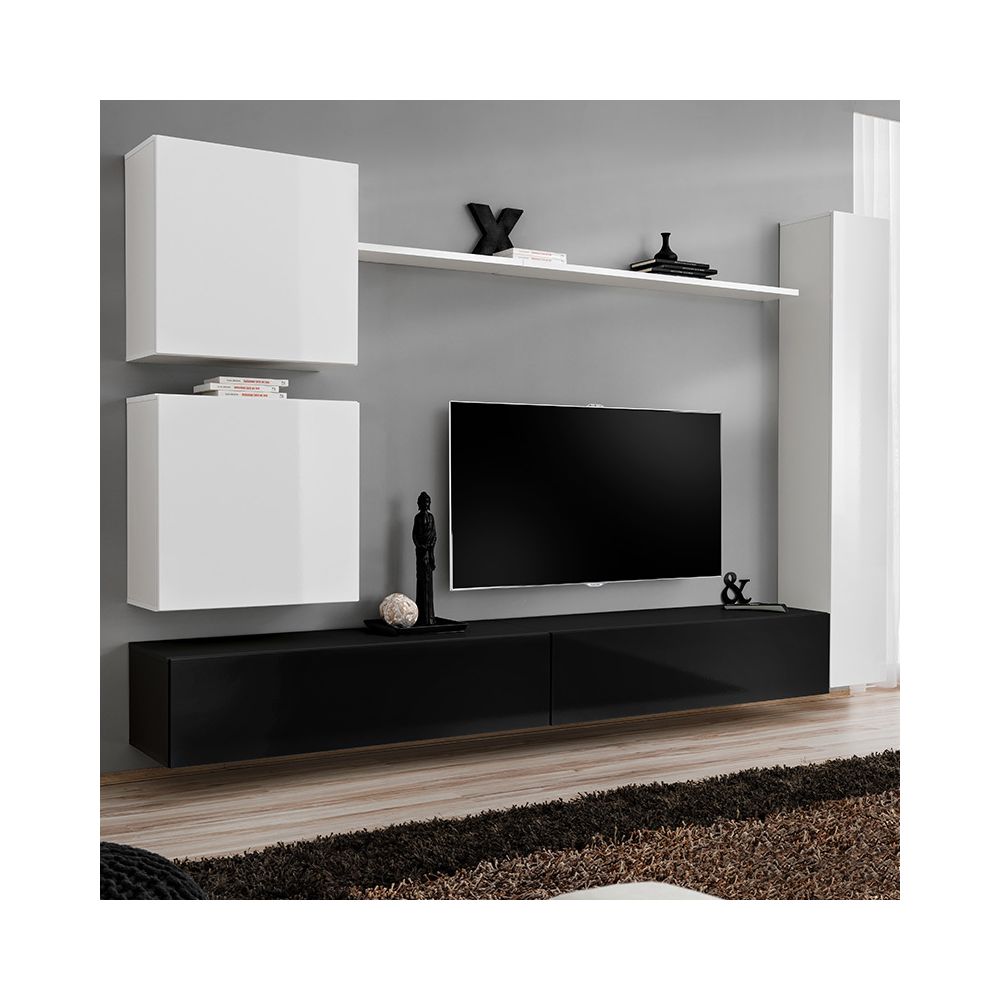 Nouvomeuble - Mur TV mural blanc et noir LATIANO - Meubles TV, Hi-Fi
