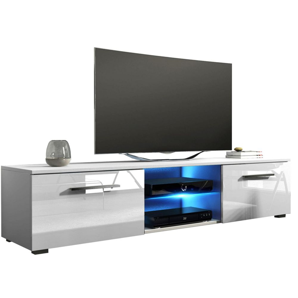Pegane - Meuble TV coloris blanc mat / blanc brillant avec éclairage LED bleu - 140 x 40 x 36 cm -PEGANE- - Meubles TV, Hi-Fi