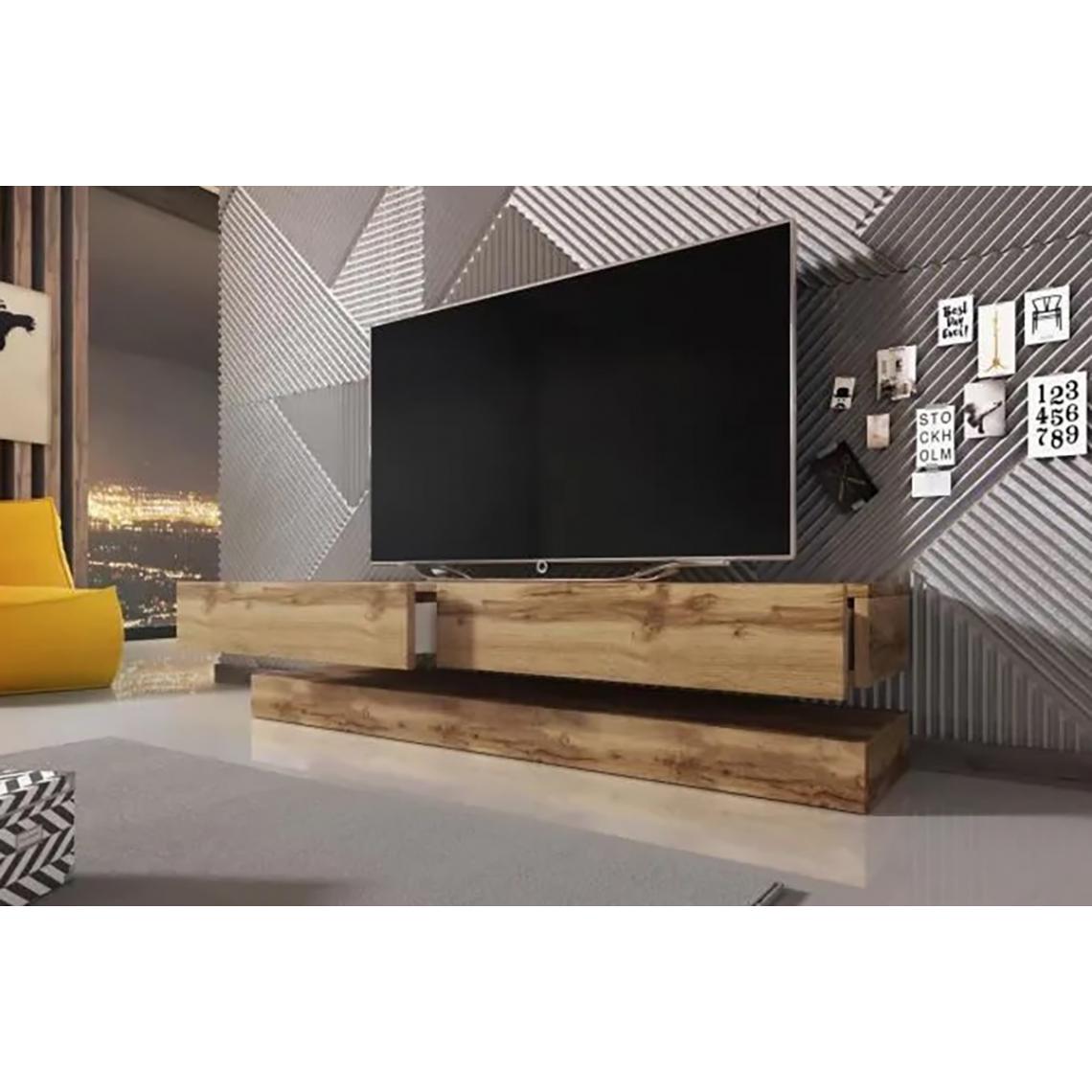 Pegane - Meuble TV design coloris chêne wotan - Hauteur 35 x Longueur 140 x Profondeur 40 cm - Meubles TV, Hi-Fi