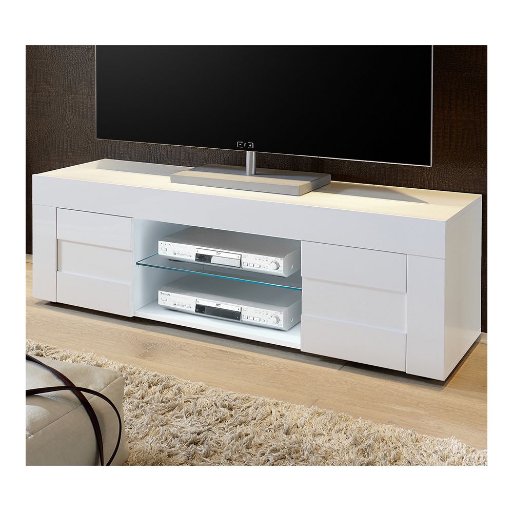 Kasalinea - Meuble TV blanc laqué brillant design NEWLAND - L 138 cm - Meubles TV, Hi-Fi