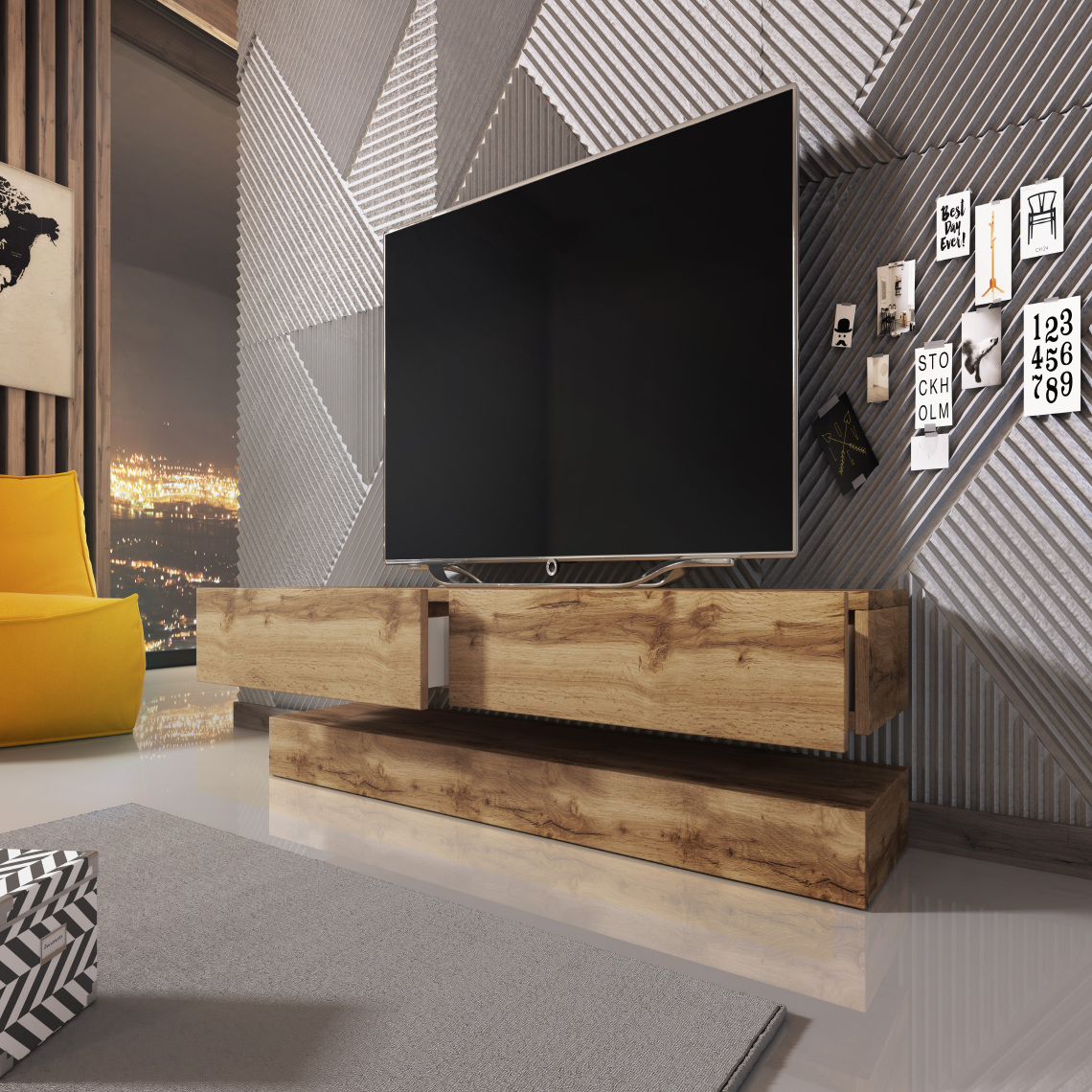 3xeliving - Table TV innovante et moderne Sajna 140cm chêne wotan - Meubles TV, Hi-Fi
