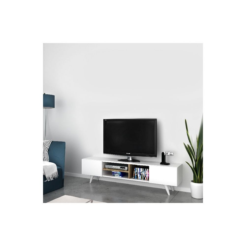 Homemania - HOMEMANIA Meuble TV Dore Moderne - avec Portes, Étagères - pour Salon - Blanc, Noyer en Bois, 160 x 29,7 x 40,6 cm - Meubles TV, Hi-Fi