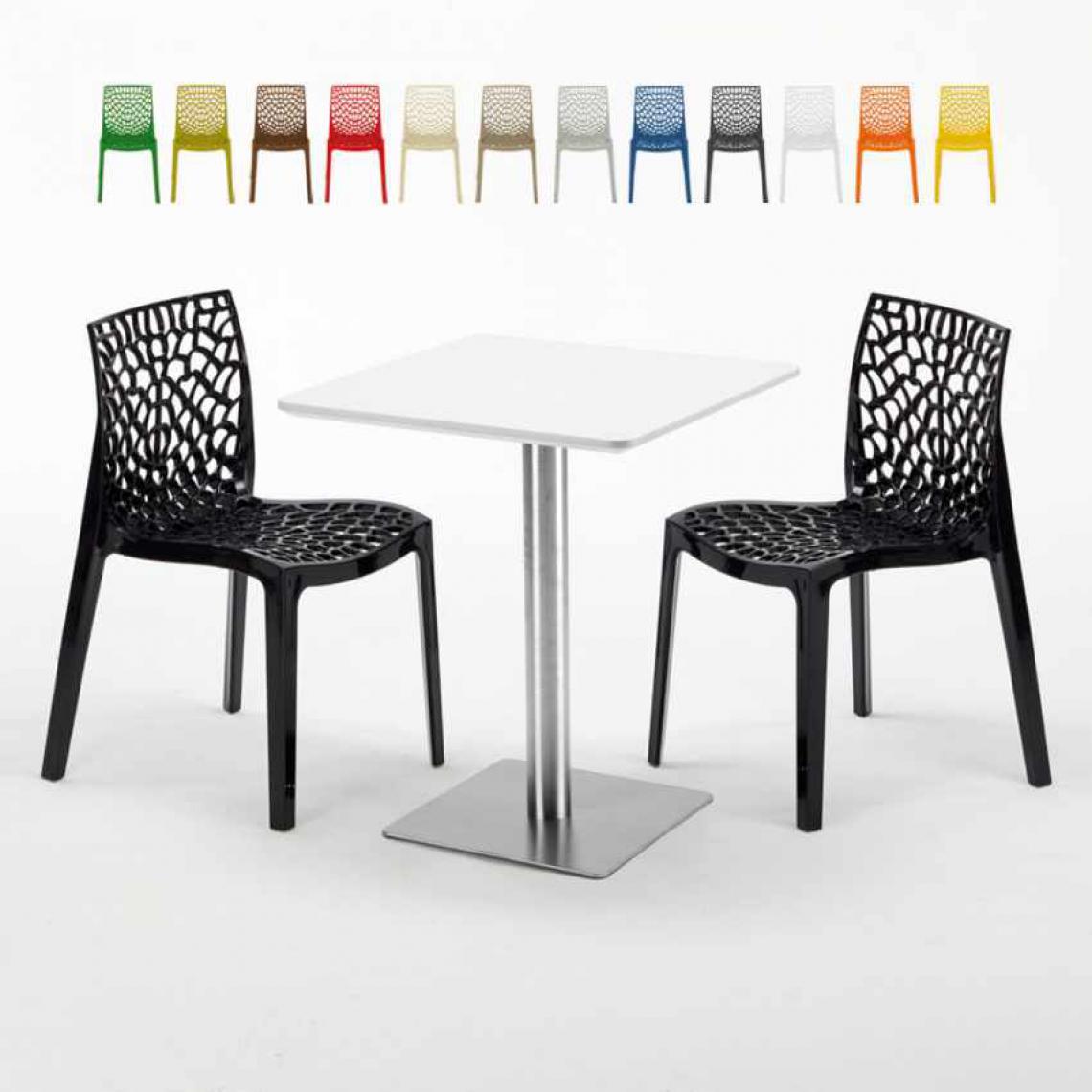 Grand Soleil - Table carrée 60x60 plateau blanc avec 2 chaises colorées Gruvyer Hazelnut, Couleur: Noir - Tables à manger