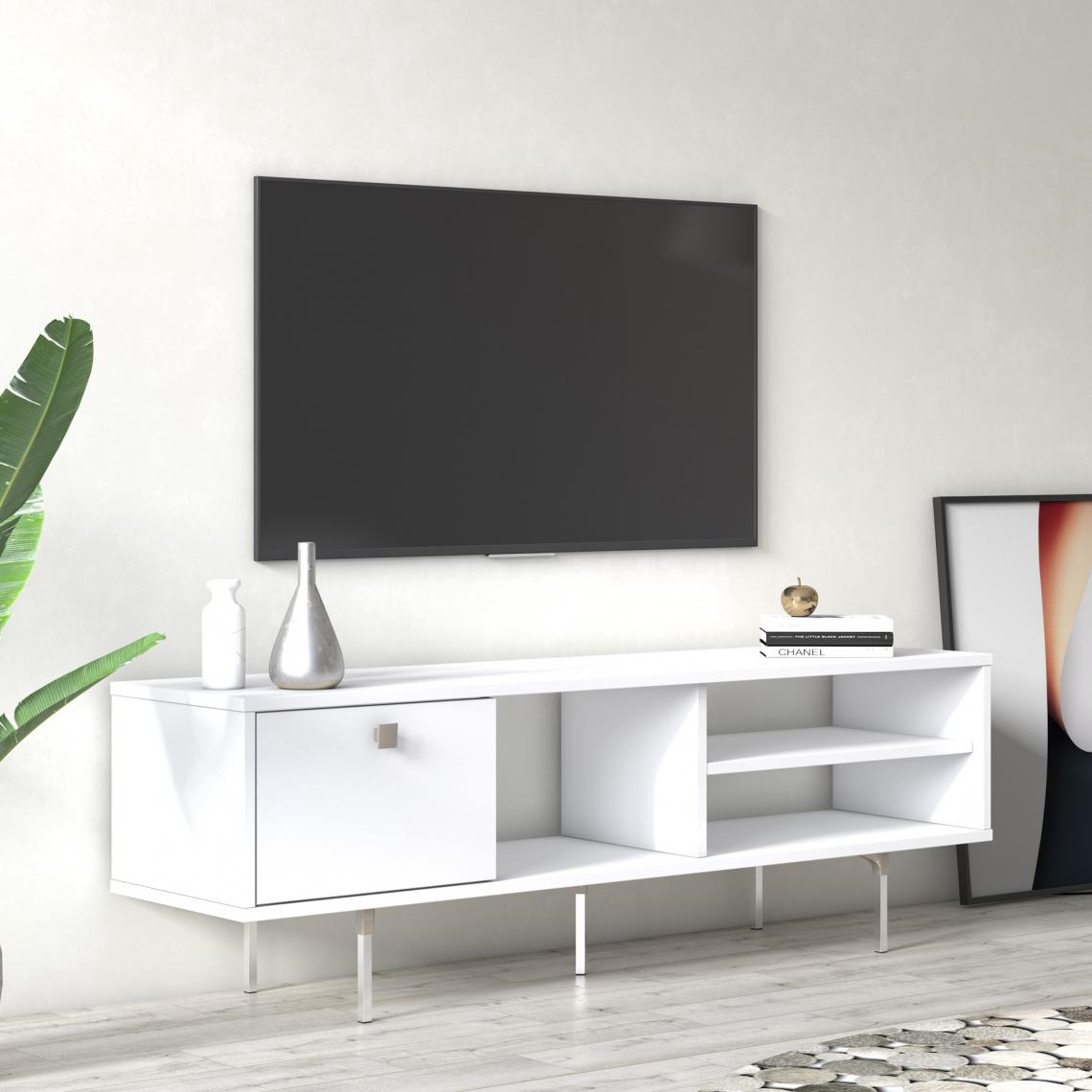 Alter - Meuble TV de salon avec une porte abattante et compartiments, 140 x 35 x 45 cm, coloris blanc - Meubles TV, Hi-Fi