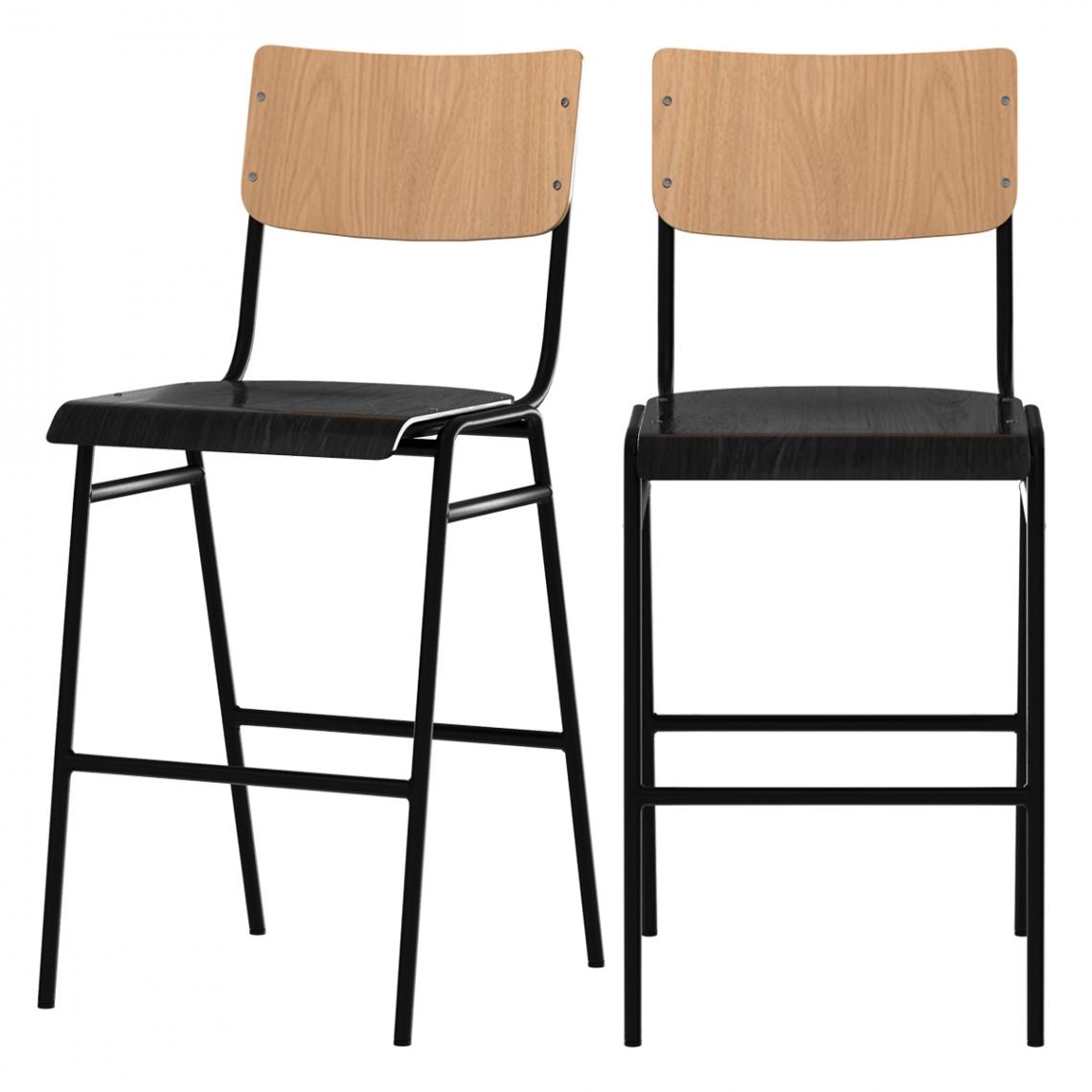 Rendez Vous Deco - Chaise de bar écolier Clem en bois clair et noir 65 cm (lot de 2) - Tabourets