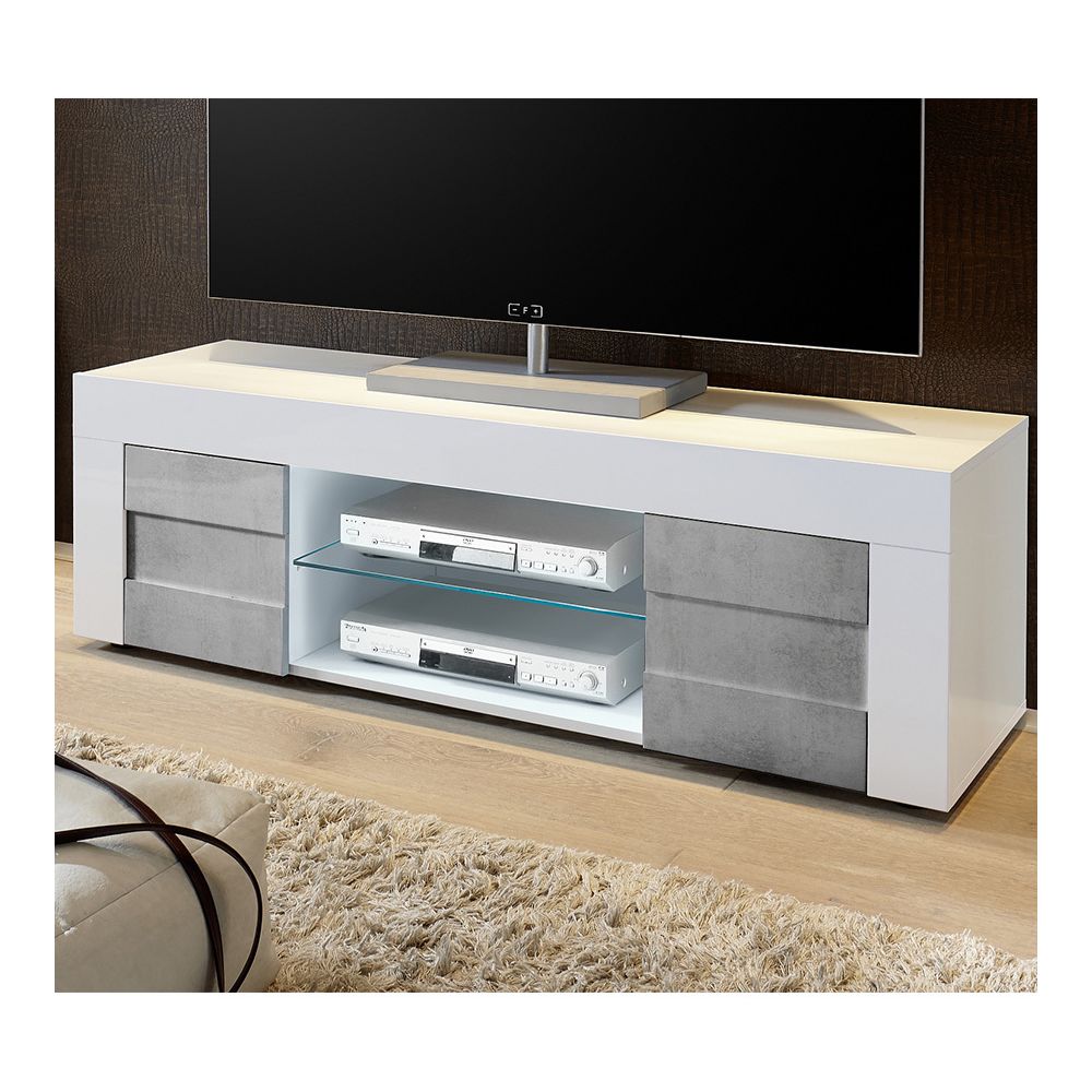 Happymobili - Meuble TV blanc laqué brillant et effet béton FACTORY - Meubles TV, Hi-Fi