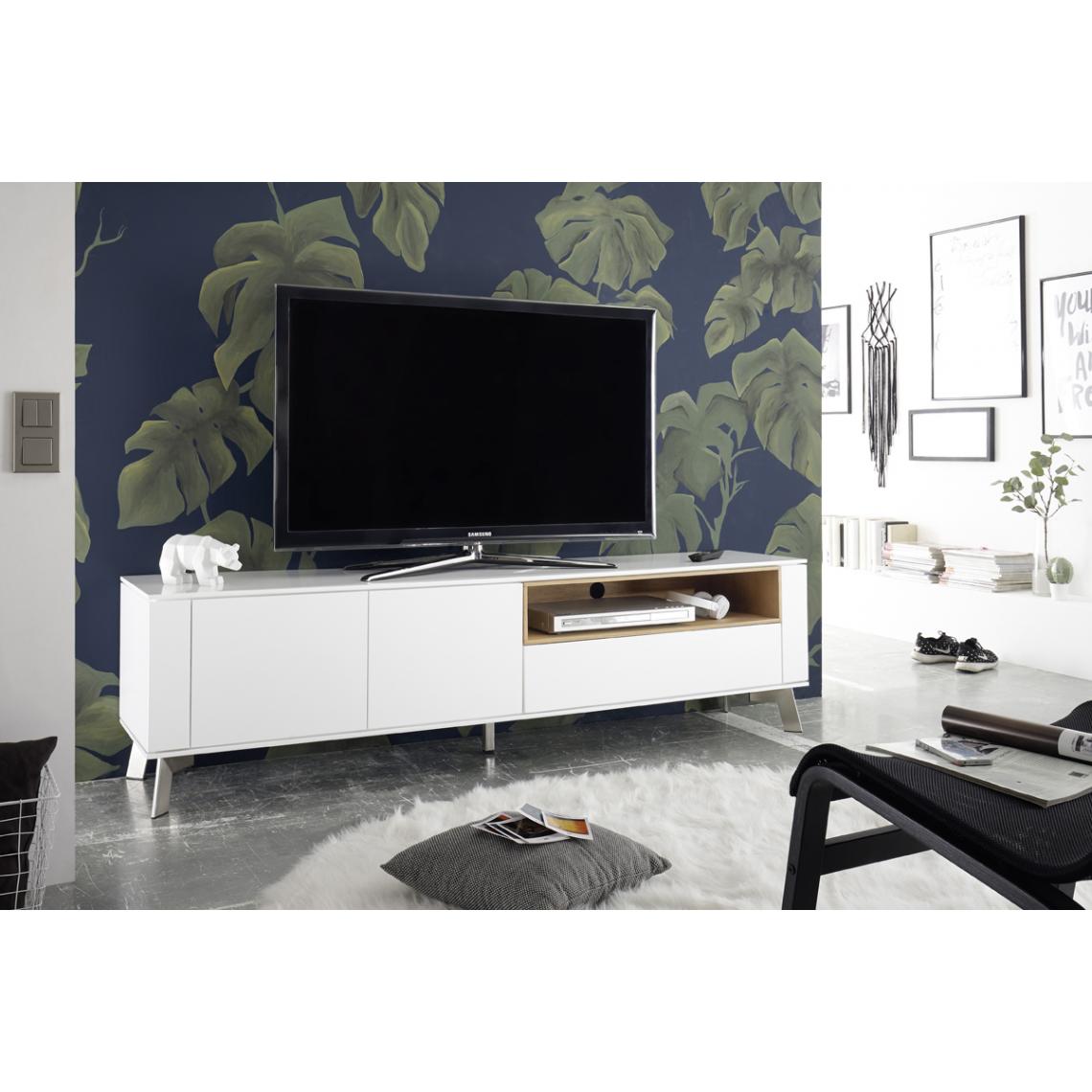 Pegane - Meuble TV blanc mat avec niche en chêne - L180 x H51 x P40 cm - Meubles TV, Hi-Fi