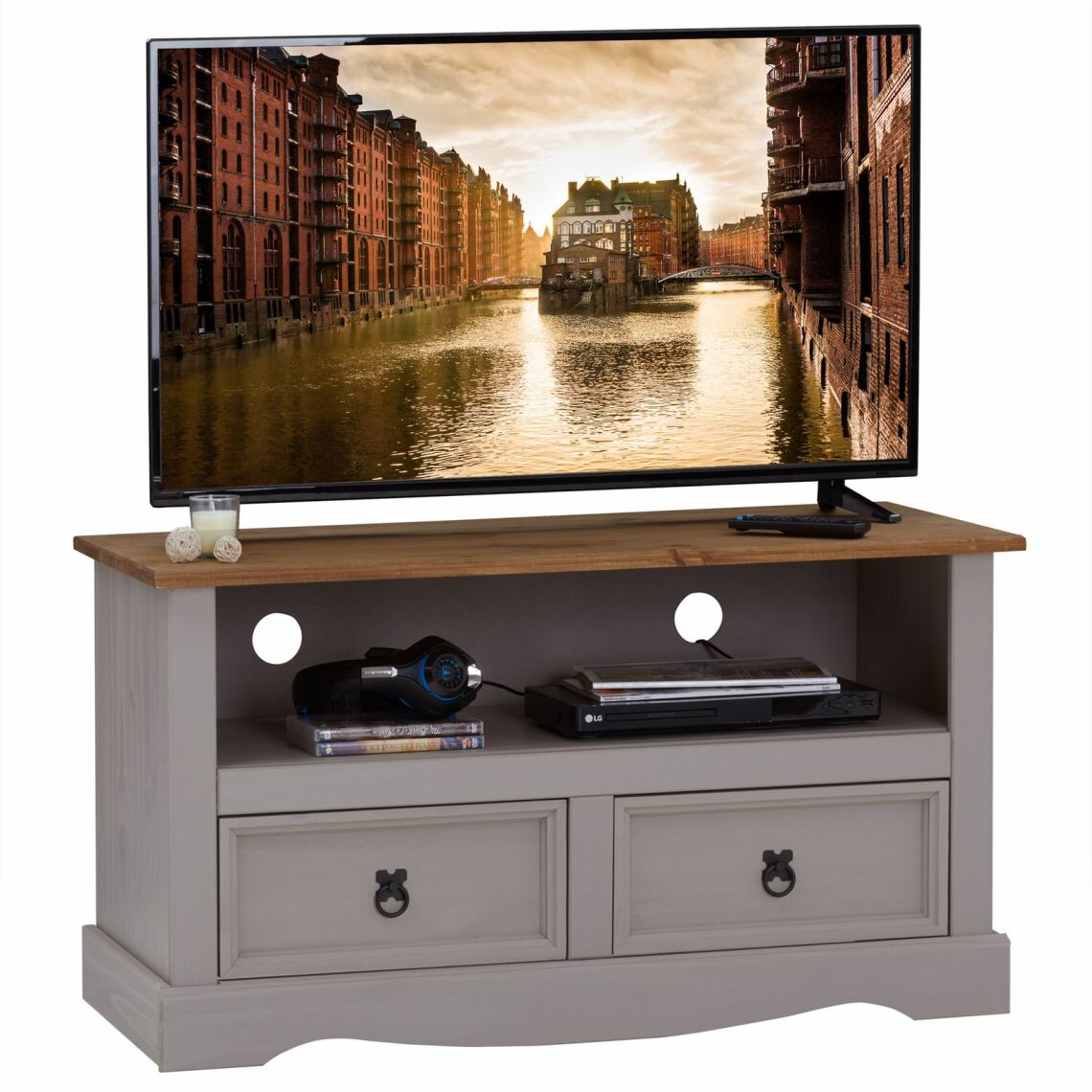 Idimex - Meuble TV RAMON avec 2 tiroirs, style mexicain en pin massif gris et brun - Meubles TV, Hi-Fi