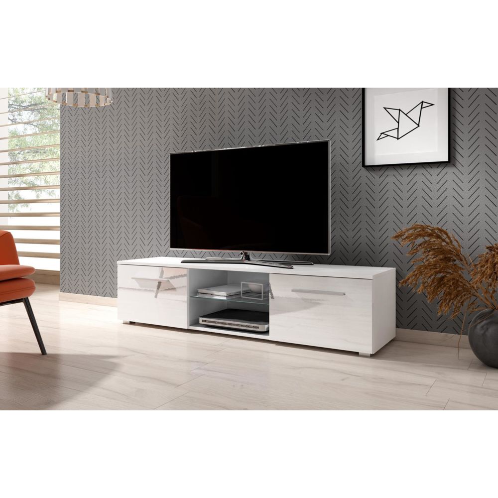 Vivaldi - VIVALDI Meuble TV - MOON - 140 cm - blanc mat / blanc brillant - style moderne - Meubles TV, Hi-Fi