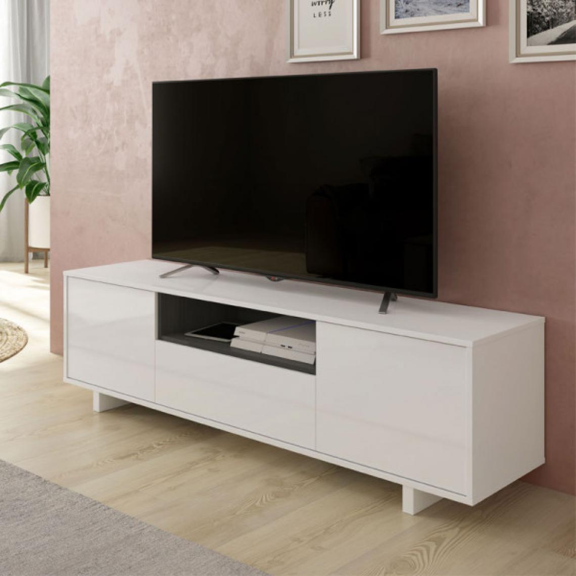 Dansmamaison - Meuble TV 3 portes Blanc/Gris - ZIARA - L 150 x l 41 x H 46 cm - Meubles TV, Hi-Fi
