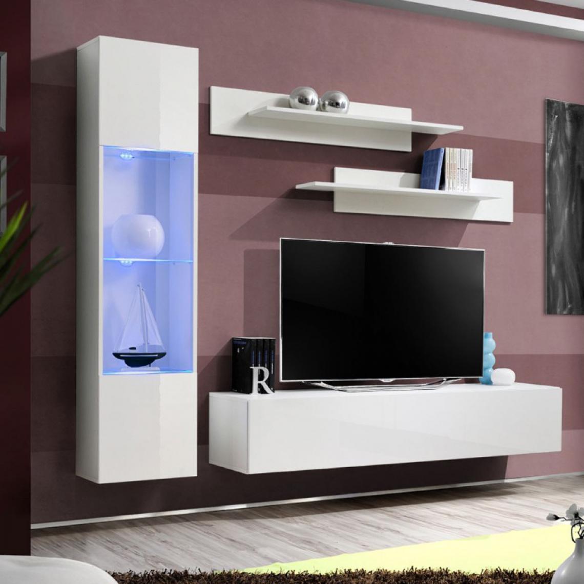 Ac-Deco - Meuble TV Mural Design Fly III 210cm Blanc - Meubles TV, Hi-Fi