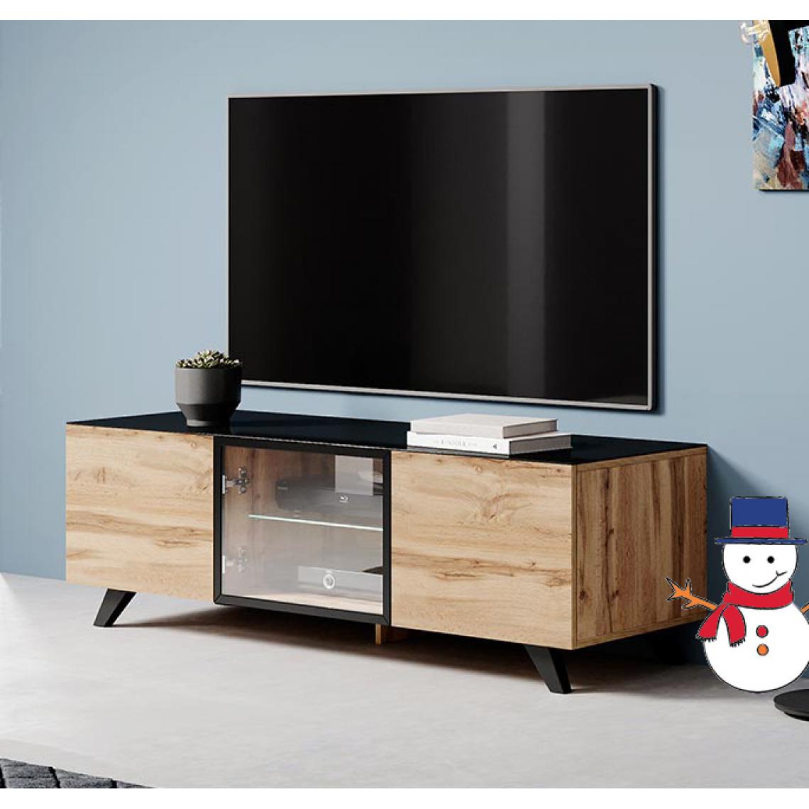 Design Ameublement - Meuble TV Viena (150x47cm) couleur chêne wotan et noir avec LED - Meubles TV, Hi-Fi