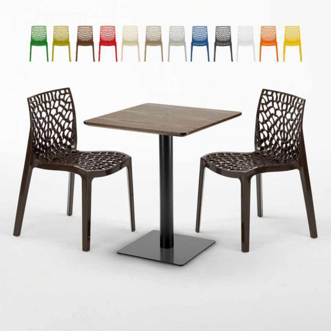 Grand Soleil - Table carrée 60x60 pied noir et surface bois avec 2 chaises colorées Gruvyer Kiss, Couleur: Marron - Tables à manger